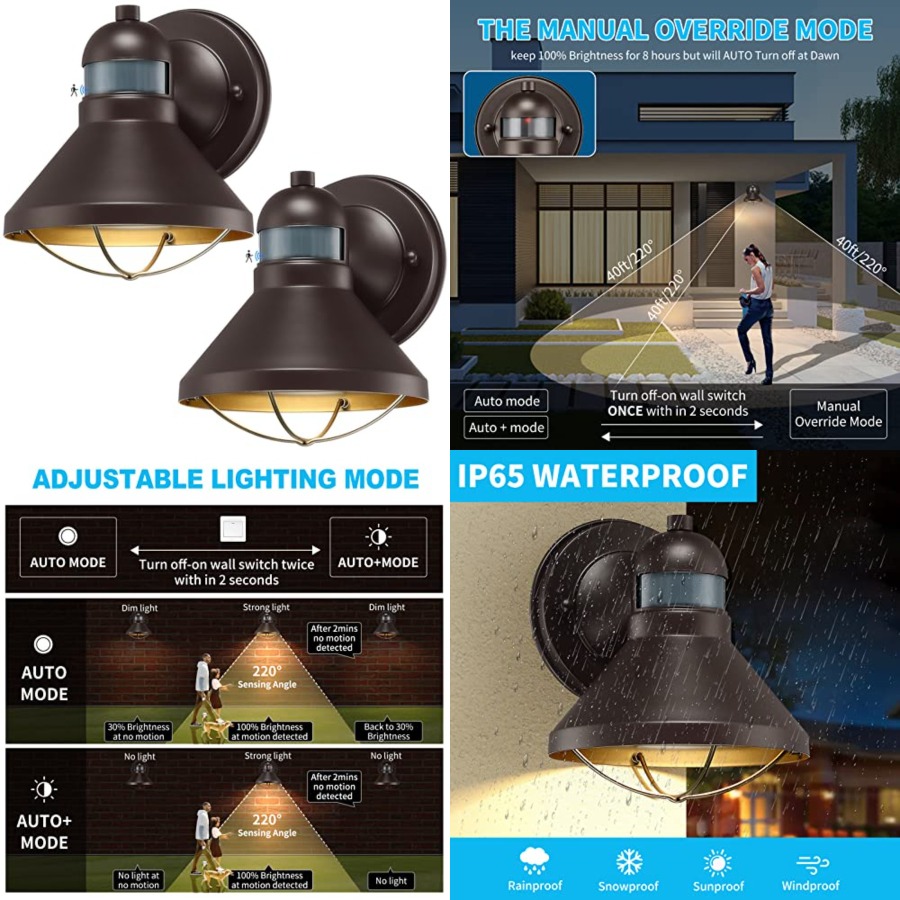 Outdoor Lighting With Motion Sensor - Paquete de 2 Lámparas de Pared
